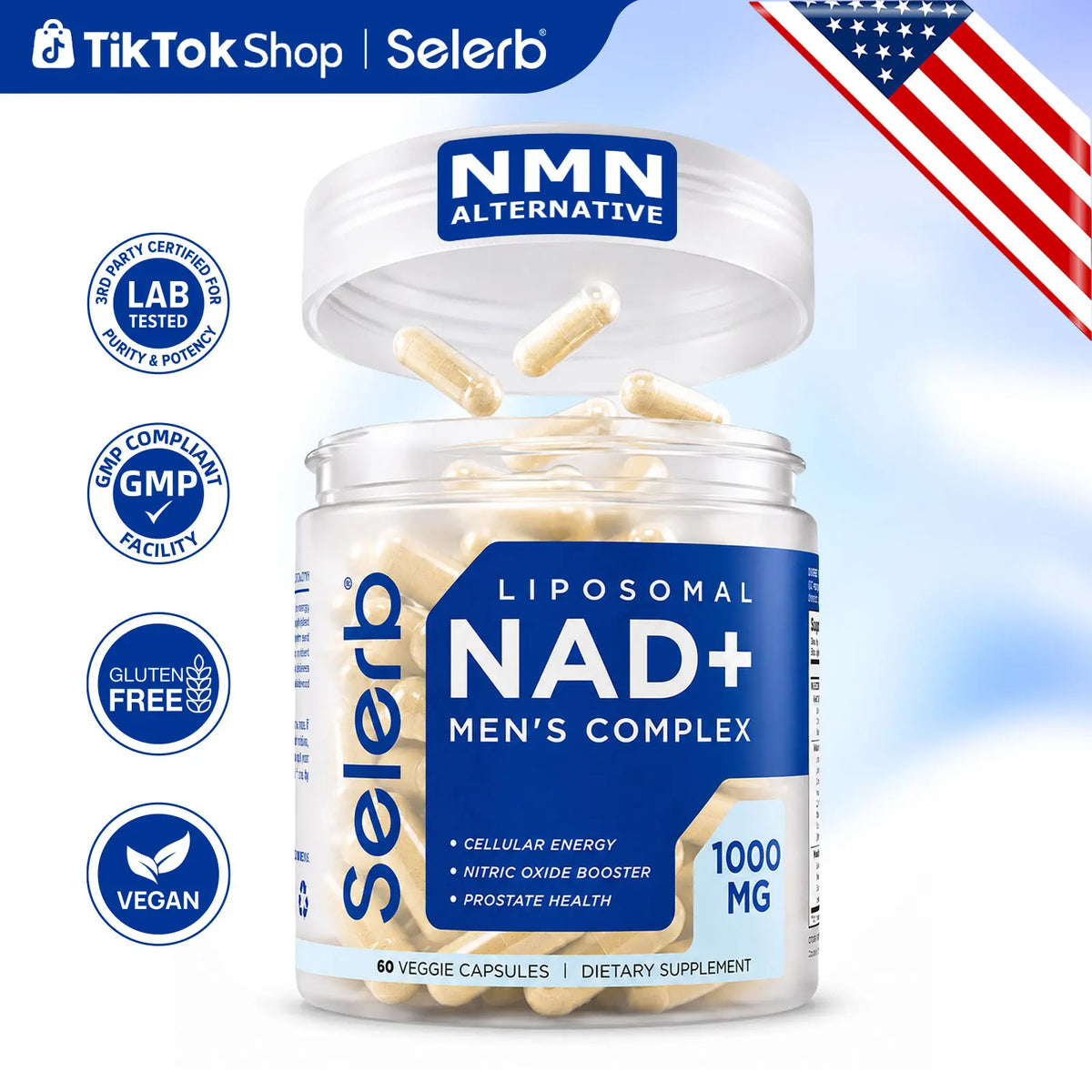 Selerb NAD+ Supplement for Men with NMN - Liposomal Complex with Trans-Resveratrol, Coq10, Maca & Ashwagandha - Supports Cellular Renewal, Energy & Performance - 60 Capsules Dietary Healthcare Vitamins