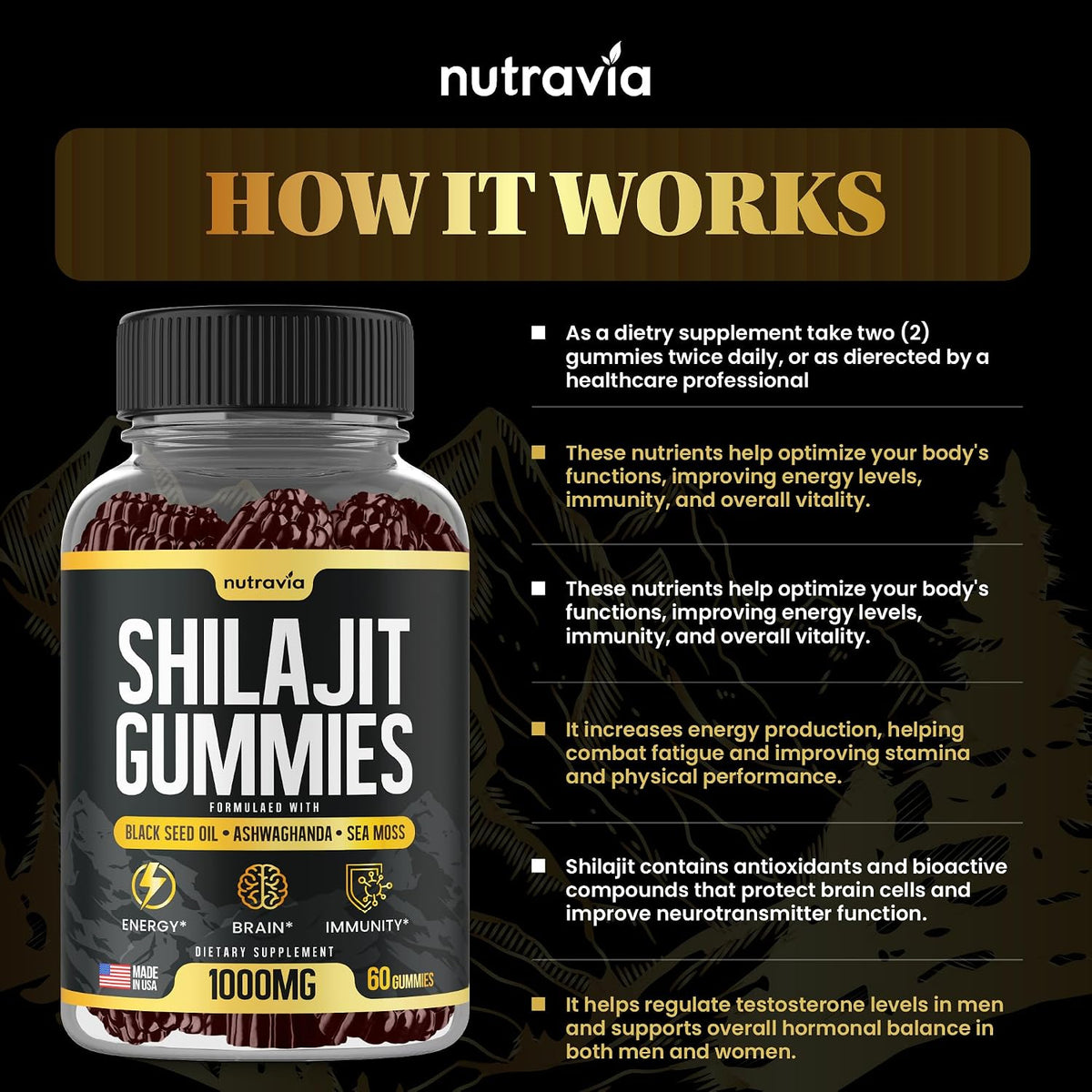 Nutravia Shilajit Gummies - 3-in-1 with Sea Moss, Black Seed Oil & Ashwagandha, 60 Gummies