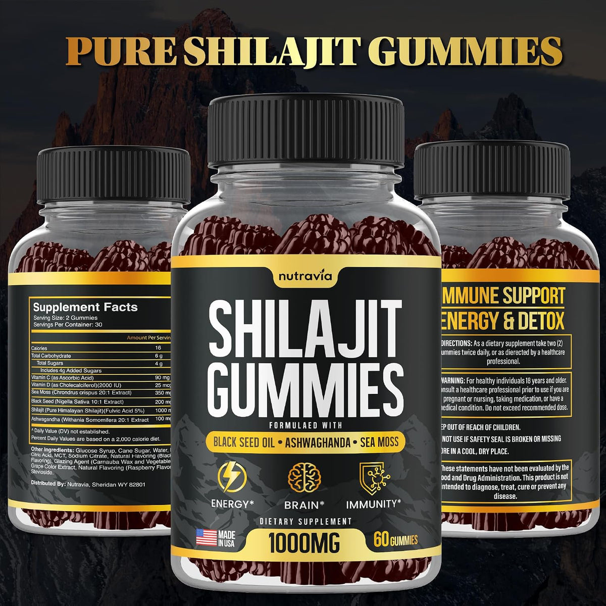 Nutravia Shilajit Gummies - 3-in-1 with Sea Moss, Black Seed Oil & Ashwagandha, 60 Gummies