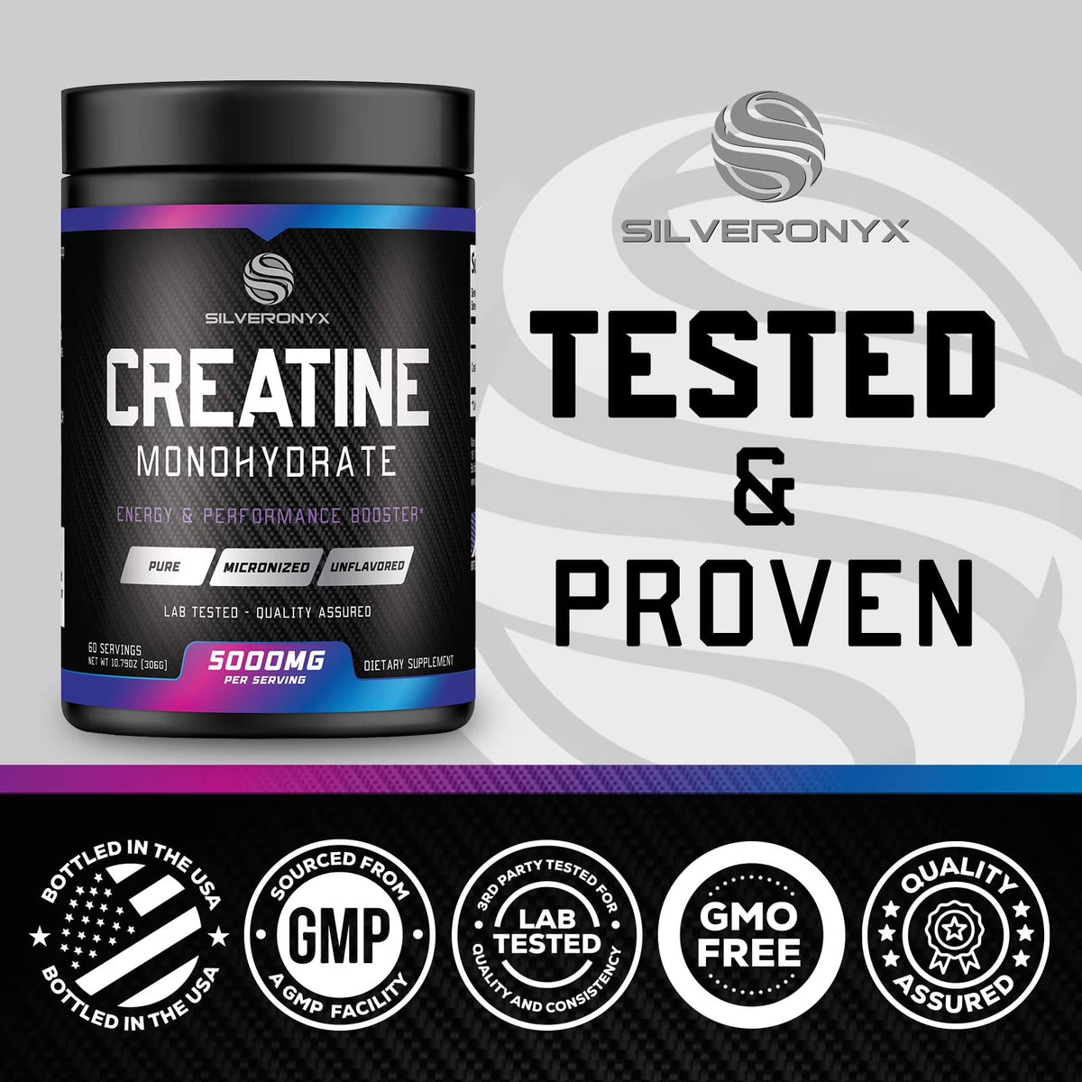SilverOnyx Creatine Monohydrate Powder - Micronized, 5g per Serving, Unflavoured