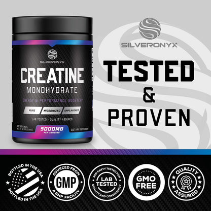 SilverOnyx Creatine Monohydrate Powder - Micronized, 5g per Serving, Unflavoured