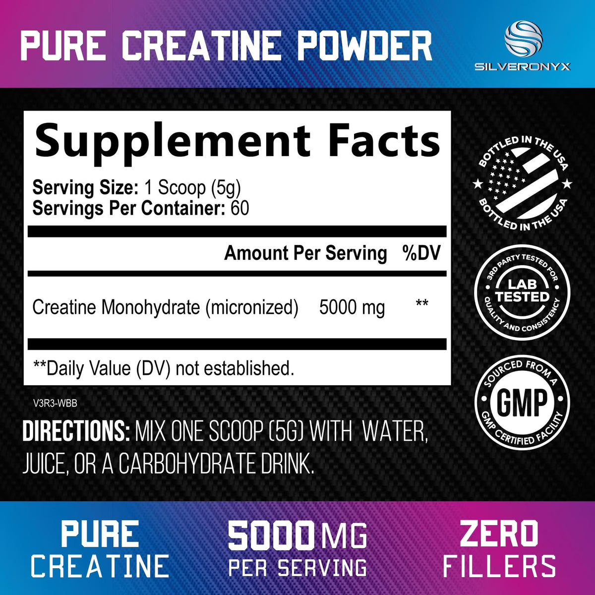 SilverOnyx Creatine Monohydrate Powder - Micronized, 5g per Serving, Unflavoured