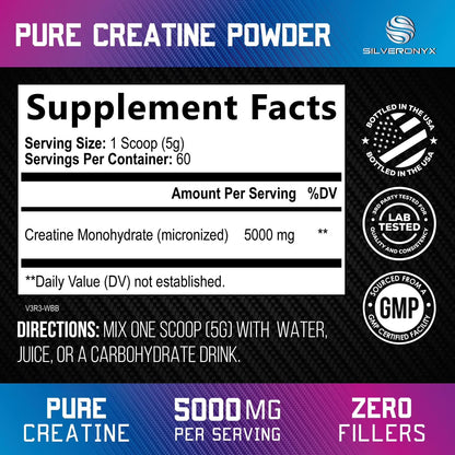 SilverOnyx Creatine Monohydrate Powder - Micronized, 5g per Serving, Unflavoured