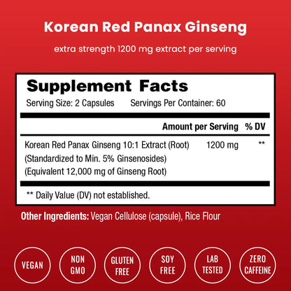 Nutrachamps Korean Red Panax Ginseng Capsules | Extra Strength Ginsenosides for Energy, Focus, Performance, Vitality & Immune Support | Korean Ginseng Root Extract (120, Red)