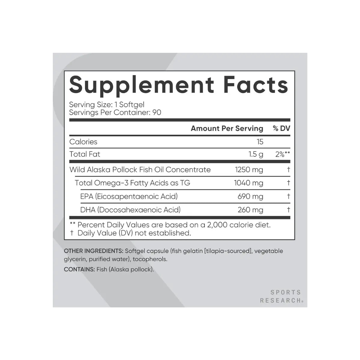 Sports Research Omega-3 Fish Oil 1250 - Triple Strength Fish Oil Supplement from Wild Alaska Pollock - MSC Certified Sustainable · Non-Gmo · Soy Free - 90 Softgel Capsules