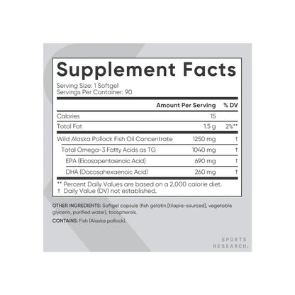 Sports Research Omega-3 Fish Oil 1250 - Triple Strength Fish Oil Supplement from Wild Alaska Pollock - MSC Certified Sustainable · Non-Gmo · Soy Free - 90 Softgel Capsules