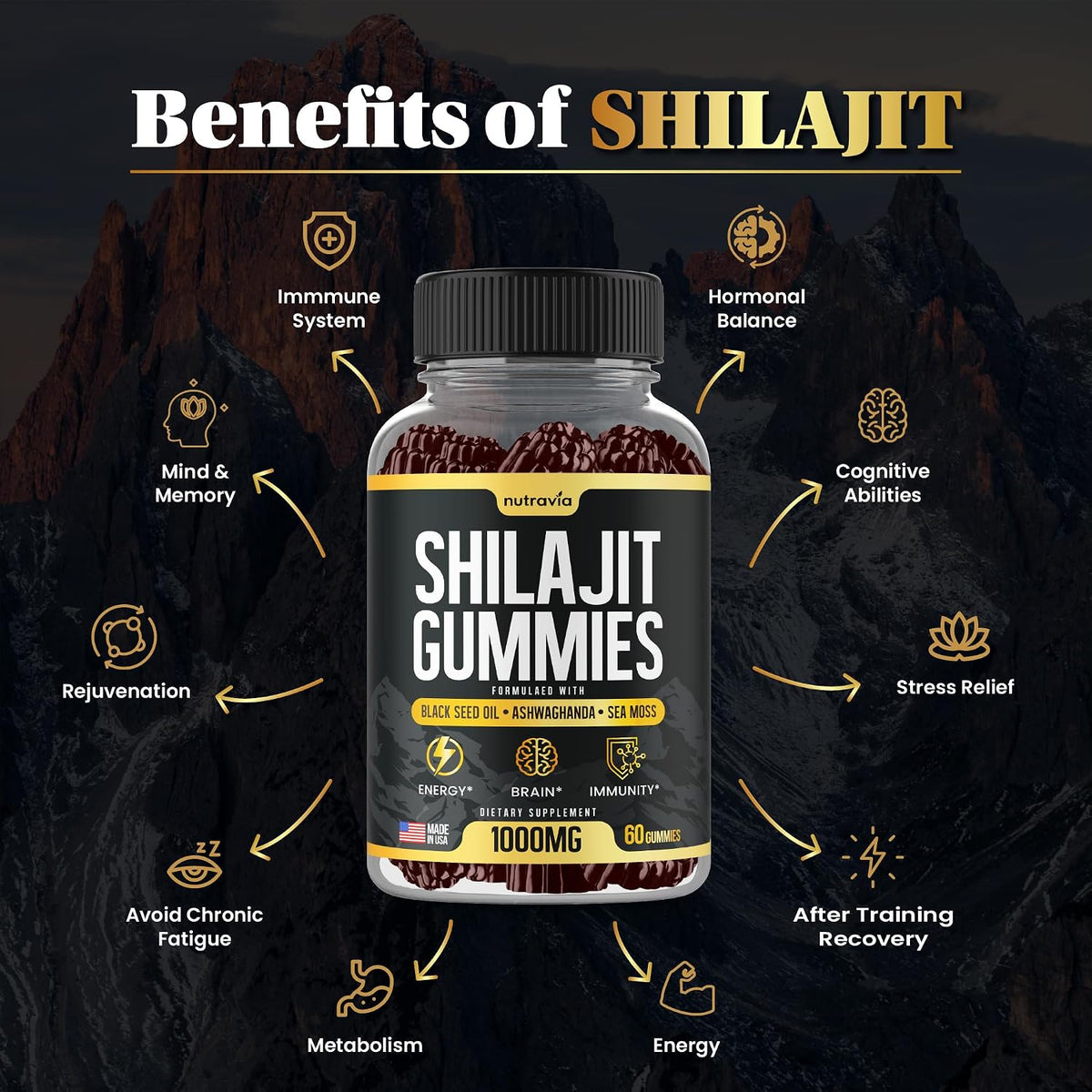 Nutravia Shilajit Gummies - 3-in-1 with Sea Moss, Black Seed Oil & Ashwagandha, 60 Gummies