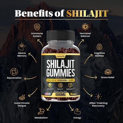 Nutravia Shilajit Gummies - 3-in-1 with Sea Moss, Black Seed Oil & Ashwagandha, 60 Gummies