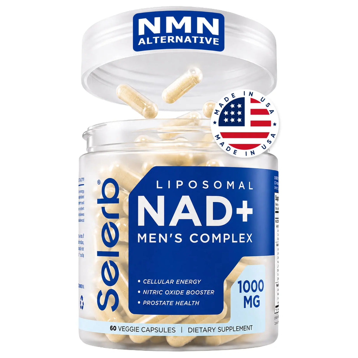 Selerb NAD+ Supplement for Men with NMN - Liposomal Complex with Trans-Resveratrol, Coq10, Maca & Ashwagandha - Supports Cellular Renewal, Energy & Performance - 60 Capsules Dietary Healthcare Vitamins