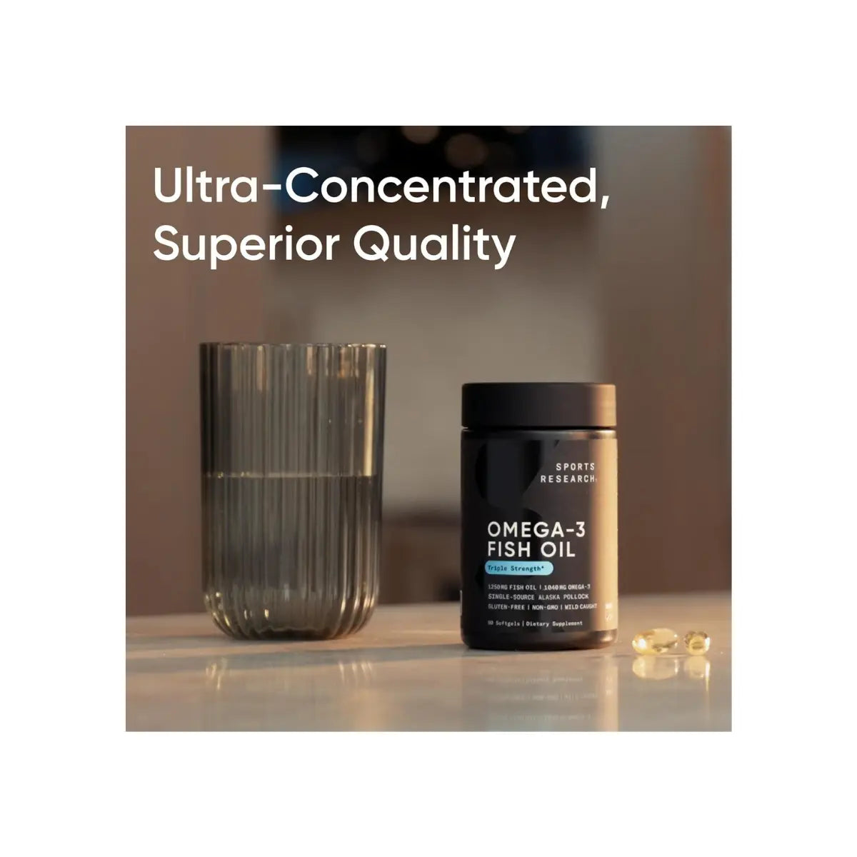 Sports Research Omega-3 Fish Oil 1250 - Triple Strength Fish Oil Supplement from Wild Alaska Pollock - MSC Certified Sustainable · Non-Gmo · Soy Free - 90 Softgel Capsules