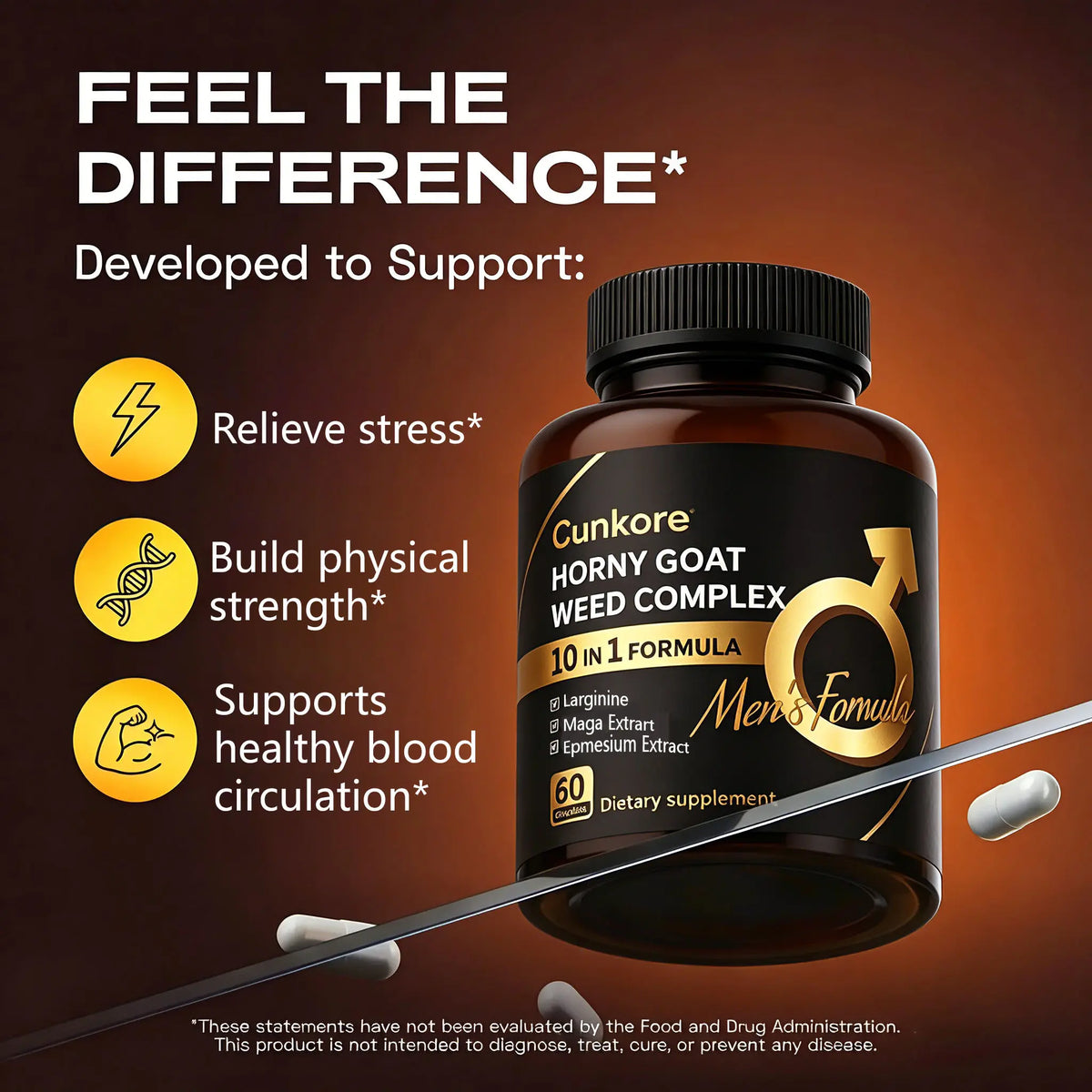 Cunkore NEW 10-In-1 Goat Weed Complex Nitric Oxide Booster 60Ct Natural Dietary Capsules, Libido Enhancer, Workout & Fitness Endurance Supplement, Energy Boost, Supports Blood Circulation, Prostate, Cellular Health & Healthcare