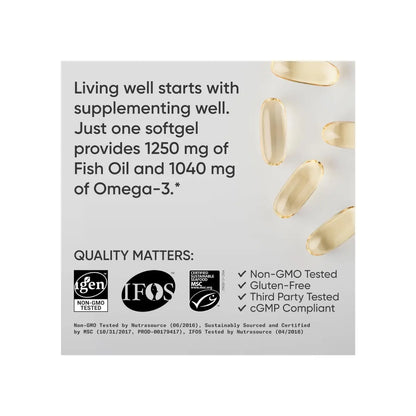 Sports Research Omega-3 Fish Oil 1250 - Triple Strength Fish Oil Supplement from Wild Alaska Pollock - MSC Certified Sustainable · Non-Gmo · Soy Free - 90 Softgel Capsules