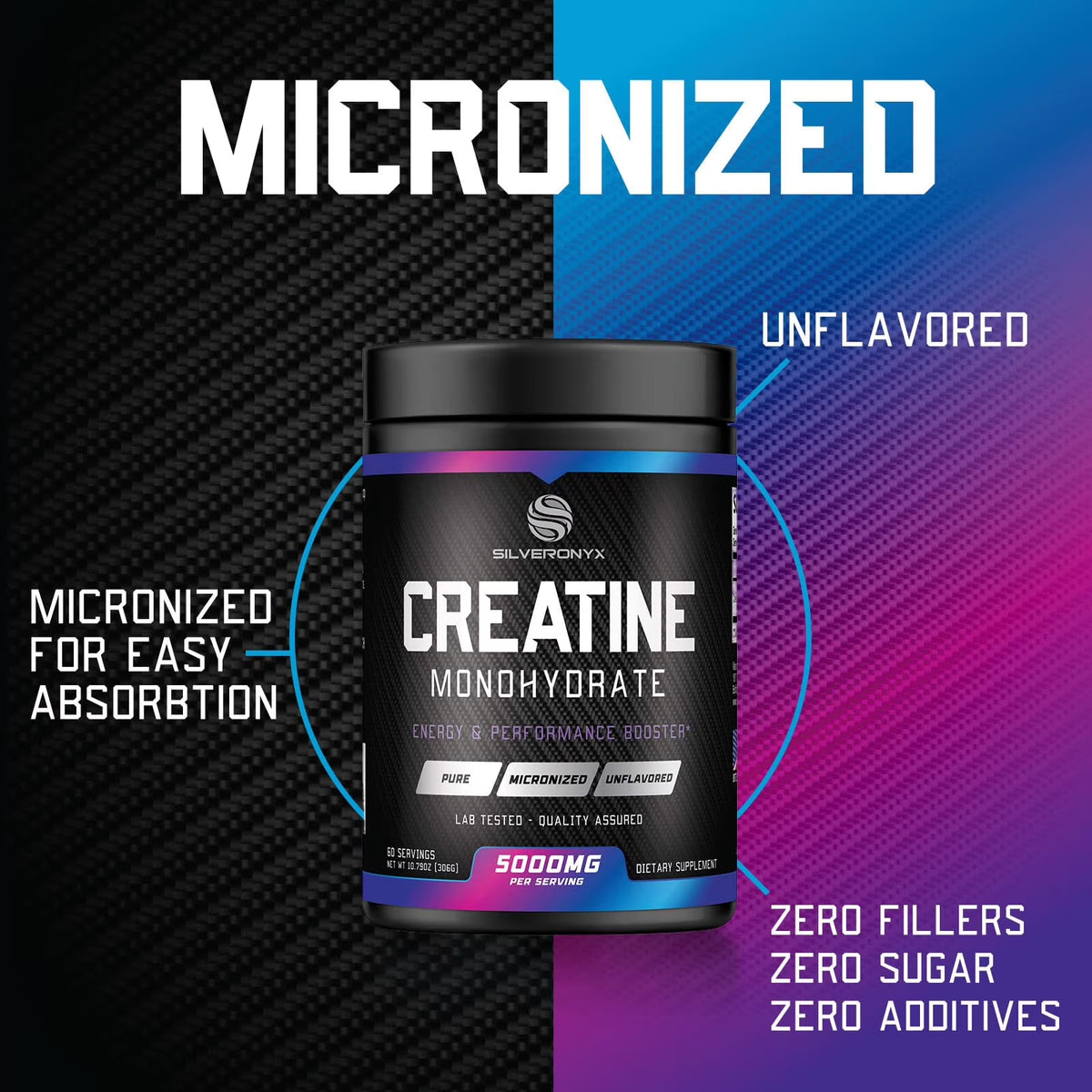 SilverOnyx Creatine Monohydrate Powder - Micronized, 5g per Serving, Unflavoured