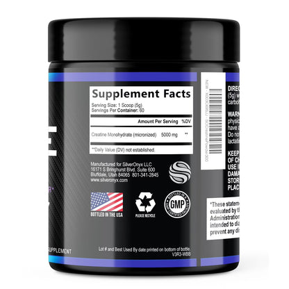 SilverOnyx Creatine Monohydrate Powder - Micronized, 5g per Serving, Unflavoured