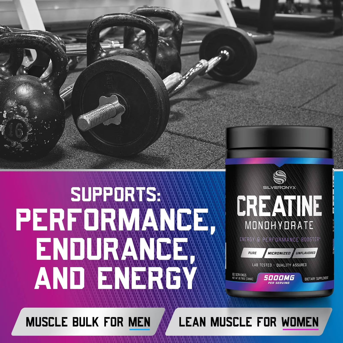 SilverOnyx Creatine Monohydrate Powder - Micronized, 5g per Serving, Unflavoured
