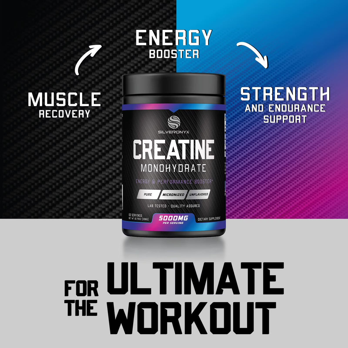 SilverOnyx Creatine Monohydrate Powder - Micronized, 5g per Serving, Unflavoured