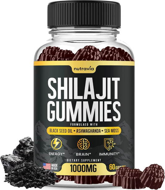 Nutravia Shilajit Gummies - 3-in-1 with Sea Moss, Black Seed Oil & Ashwagandha, 60 Gummies