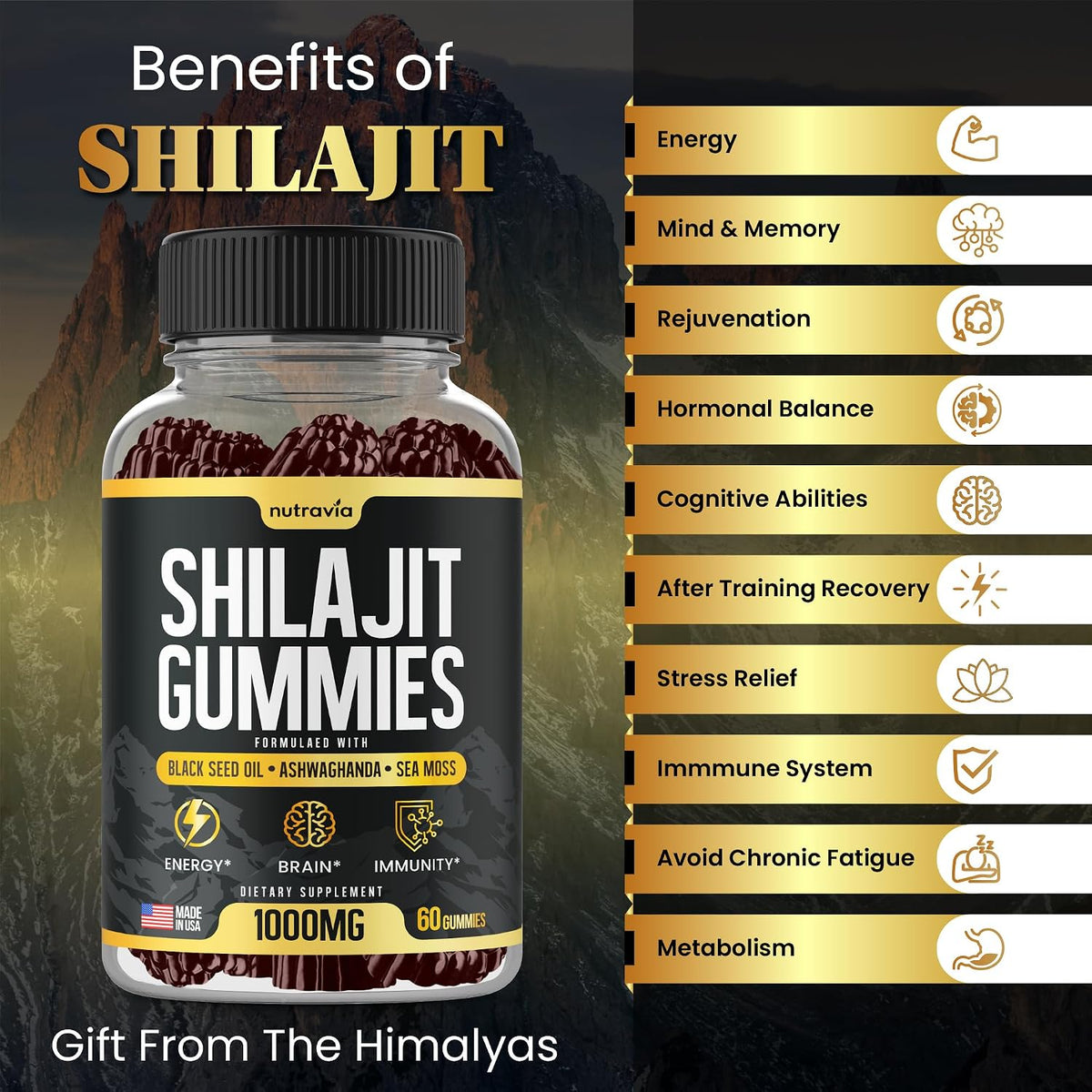 Nutravia Shilajit Gummies - 3-in-1 with Sea Moss, Black Seed Oil & Ashwagandha, 60 Gummies