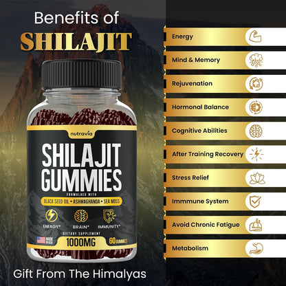 Nutravia Shilajit Gummies - 3-in-1 with Sea Moss, Black Seed Oil & Ashwagandha, 60 Gummies