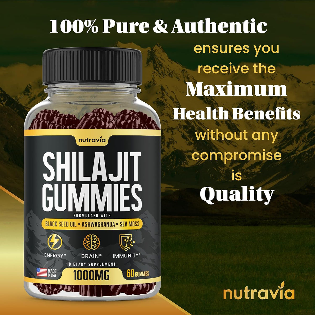 Nutravia Shilajit Gummies - 3-in-1 with Sea Moss, Black Seed Oil & Ashwagandha, 60 Gummies