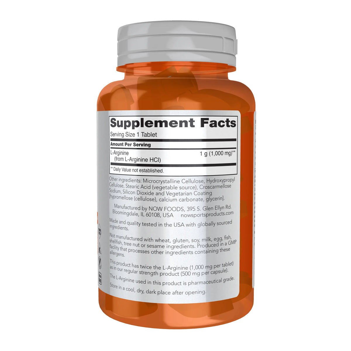NOW Sports Nutrition Double Strength L-Arginine 1000Mg Edible Fitness Supplement, Nitric Oxide Precursor Amino Acid Healthcare Tablet, 60 Count