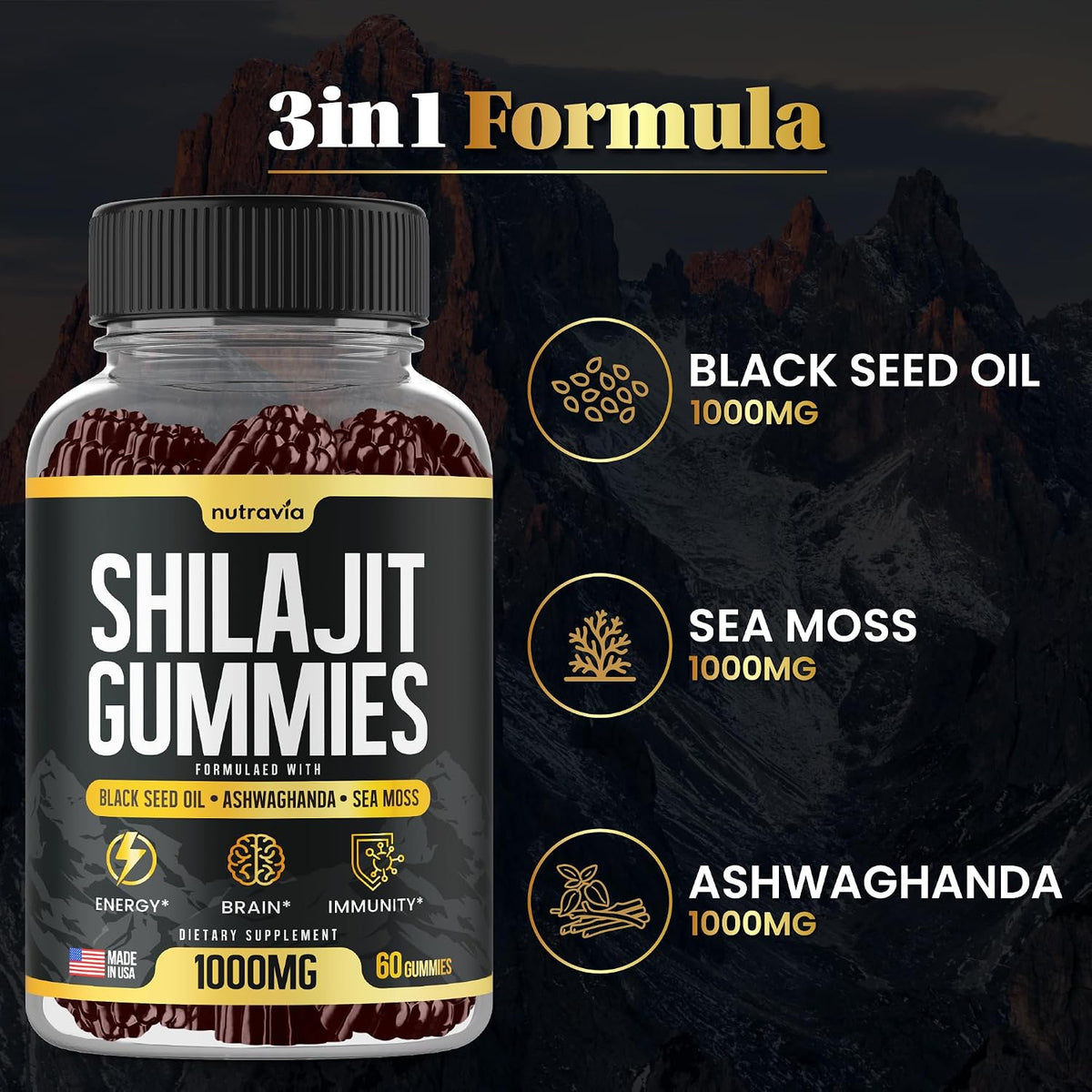 Nutravia Shilajit Gummies - 3-in-1 with Sea Moss, Black Seed Oil & Ashwagandha, 60 Gummies