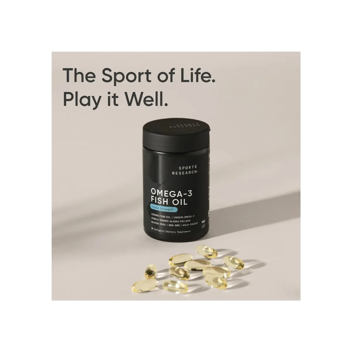 Sports Research Omega-3 Fish Oil 1250 - Triple Strength Fish Oil Supplement from Wild Alaska Pollock - MSC Certified Sustainable · Non-Gmo · Soy Free - 90 Softgel Capsules